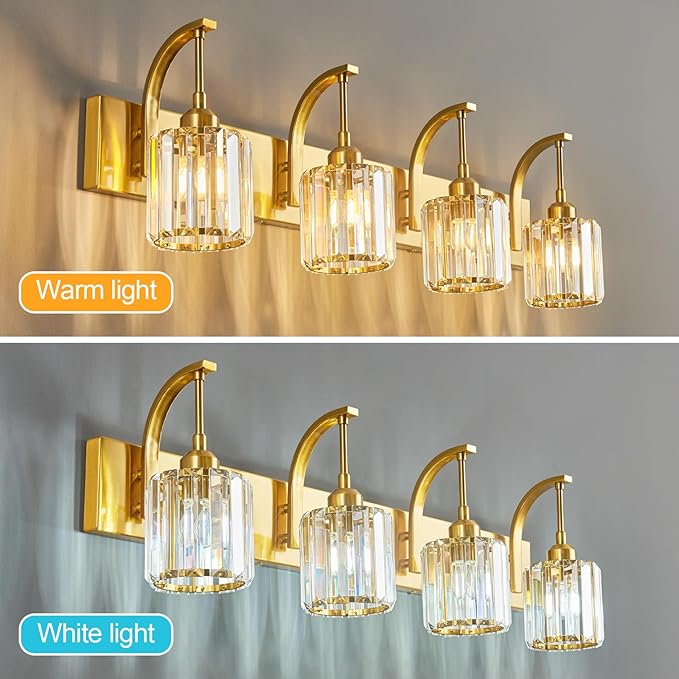 FDPBY 4-Light Crystal Vanity Light, Modern Gold Bathroom Wall Sconce - Image 2