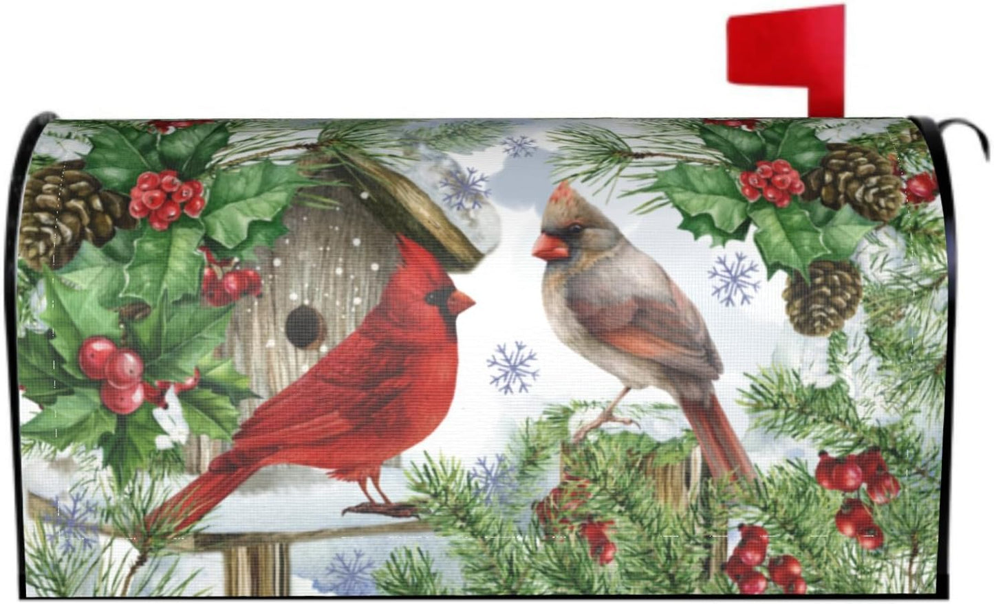 Winter Cardinal Christmas Mailbox Covers Magnetic Standard Size 18x21 Red Green Xmas Birds Holly Pine Print Decorative Mailbox Wrap Cover Holiday Decorations Outdoor Home Patio Garden Decor