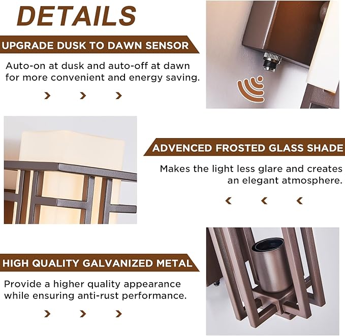EERU Oil Rubbed Bronze Porch Light Dusk to Dawn Outdoor Sconce Matte Brown Wall - Image 3