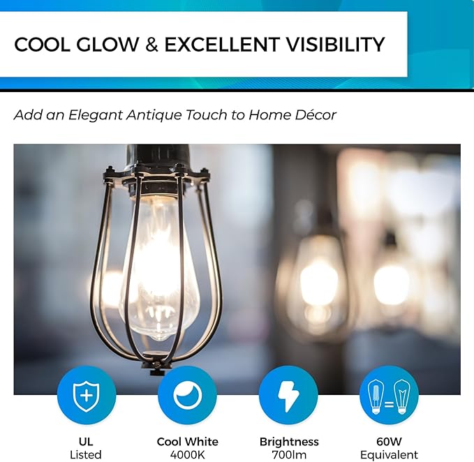 Hizashi E26 Edison Bulb 60 Watt LED, 4000K Dimmable Light Bulbs, ST19 Vintage - Image 3