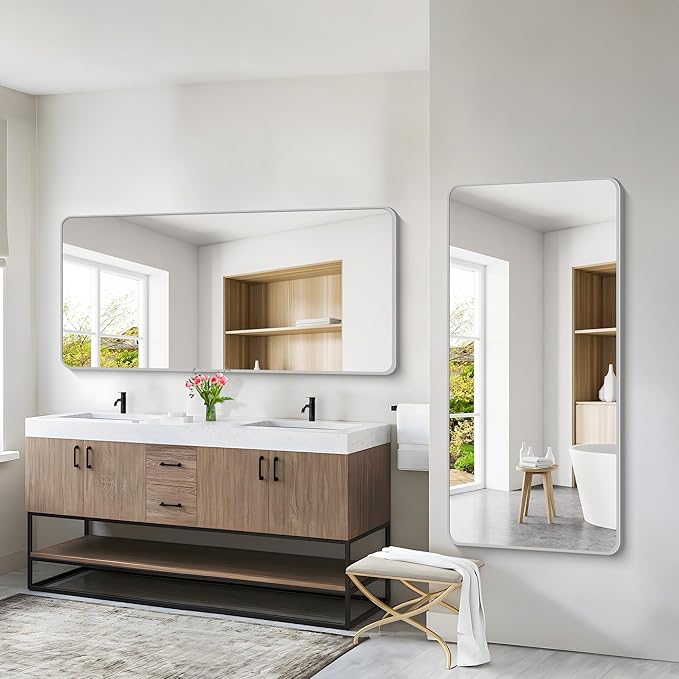 30x60 Inch Silver Bathroom Mirror, Large Rectangular Vanity Mirror, Metal - Image 4