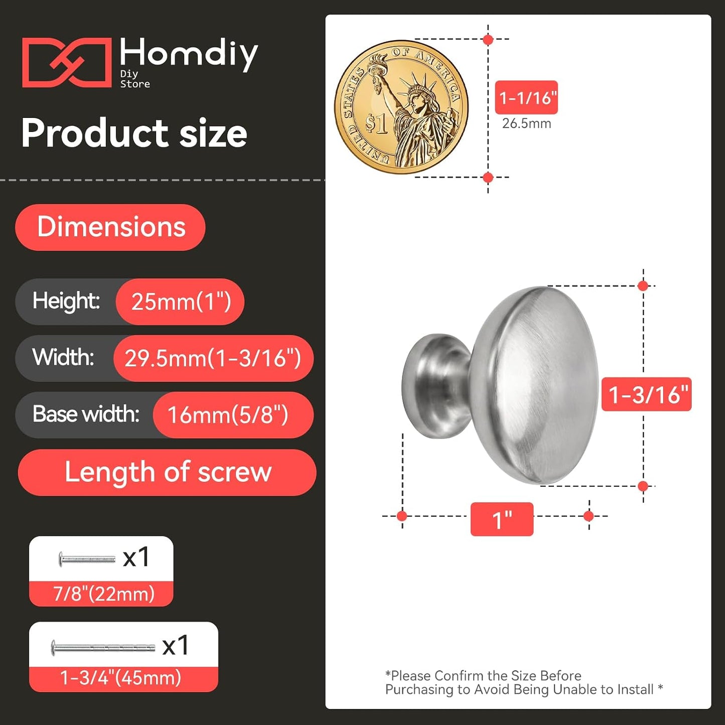 homdiy 30Pack 1-3/16in Brushed Nickel Cabinet Knobs Silver Knob | Solid Zinc Alloy, Single Hole, Round Kitchen Dresser Drawer Knobs for Bathroom Cabinets Hardware