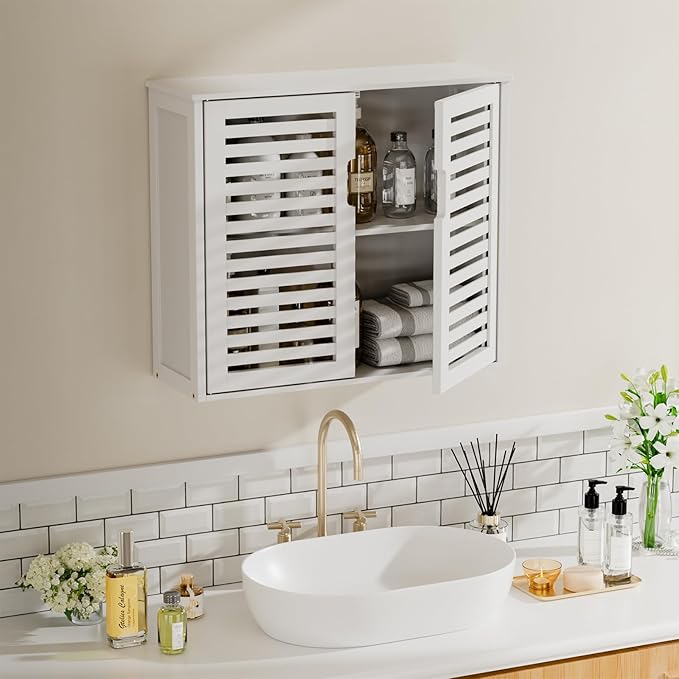 HITNET White Bathroom Cabinet Over Toilet, Bamboo Hanging Medicine Cabinet - Image 4
