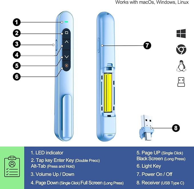 QUI Presentation Clicker for PowerPoint, RF 2.4GHz USB C Wireless Presenter - Image 4