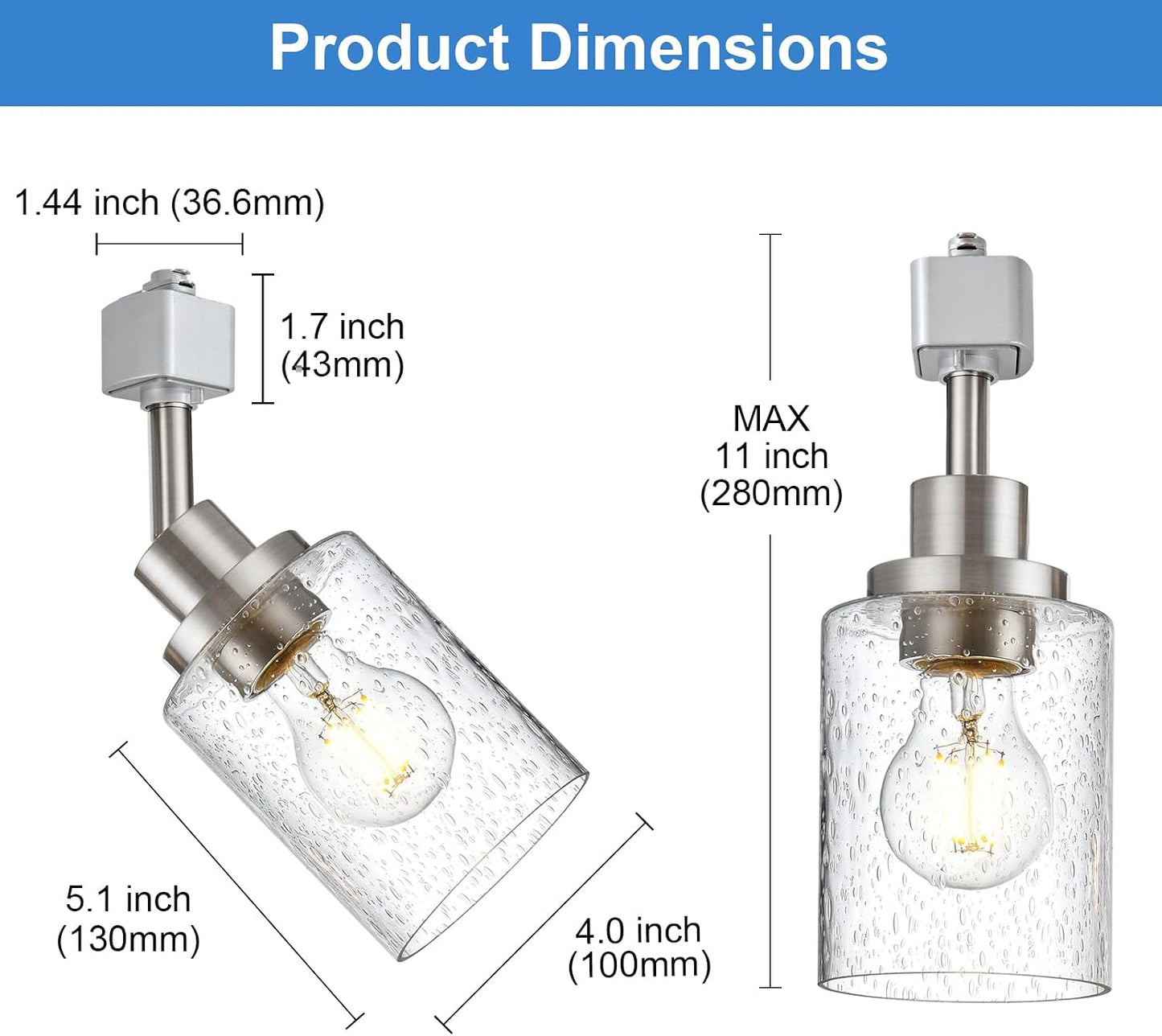 4 Pack H Track Lighting Heads Brushed Nickel Track Lighting Fixtures with Bubble Glass, Multi-Directional Rotating H Type Track Light Replacement Heads E26 Modern Spotlight for Kitchen Island
