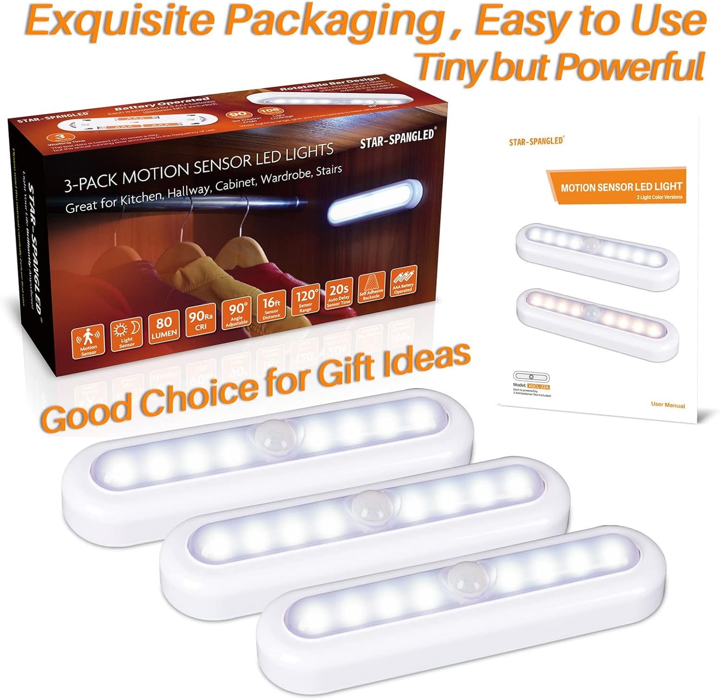 STAR-SPANGLED 3 Pack 7” Motion Sensor Lights Indoor Battery Operated, Stick on LED Light for Closet, Stairs, Under Cabinet, Cool White