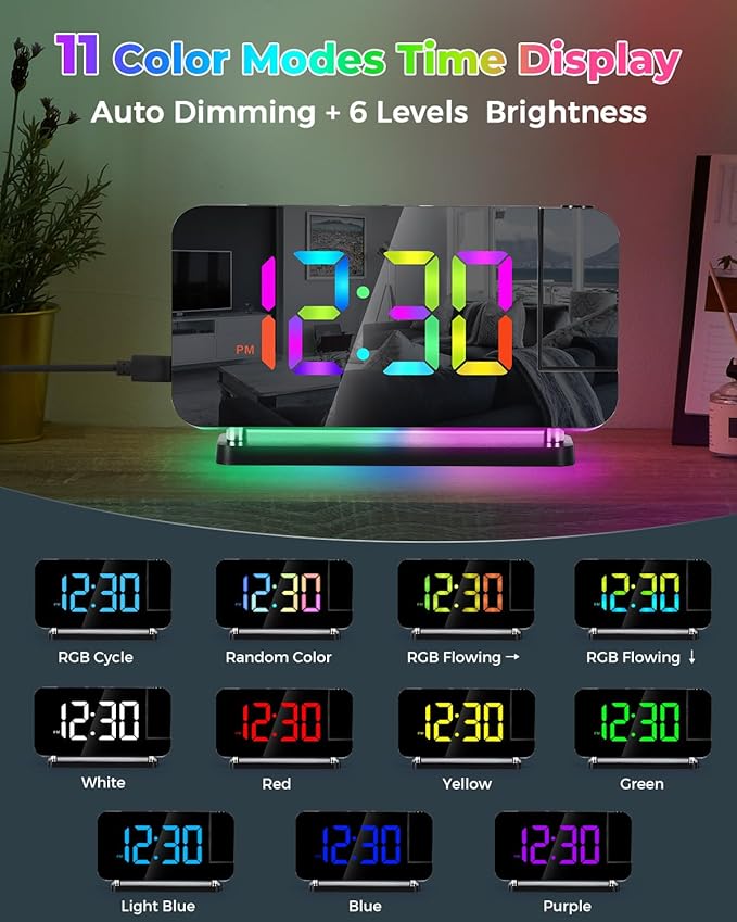 SZELAM Projection Alarm Clock, 7.4 in Digital Mirror Clocks, - Image 5