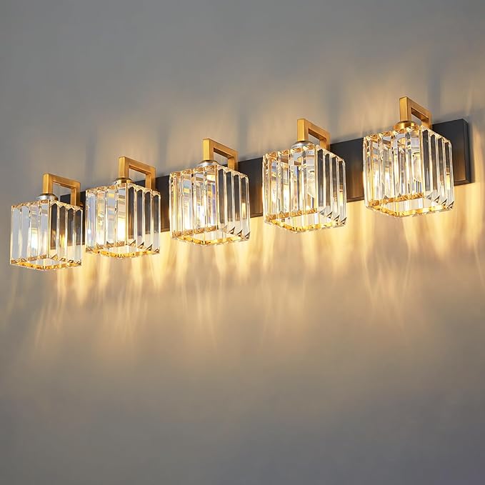 FDPBY Modern Bathroom Vanity Light 5-Lights Black Gold Crystal Wall Lamp by FDPBY
