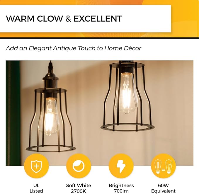 Hizashi LED Edison Bulbs Dimmable, E26 LED Bulb 60 watt, 2700K Soft Warm White - Image 2