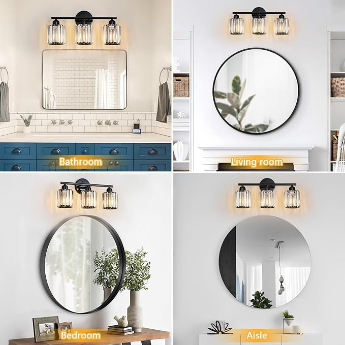FDPBY Modern 3 Light Crystal Vanity Light, Plating Black Vertical Bathroom - Image 4