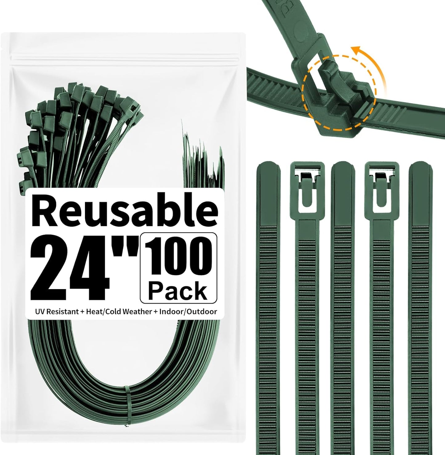 100 Pack Reusable Zip Ties 24 Inch Extra Long Cable Ties Dark Green | Reusable Trigger Release / Industrial Nylon / UV Resistant / Non-Slip Self-Locking / Round Ends No Hurt / Extra Long 24"