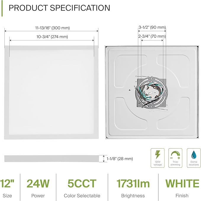 ASD LED 12" Square Flush Mount Ceiling Light Fixture, Low Profile Surface - Image 2