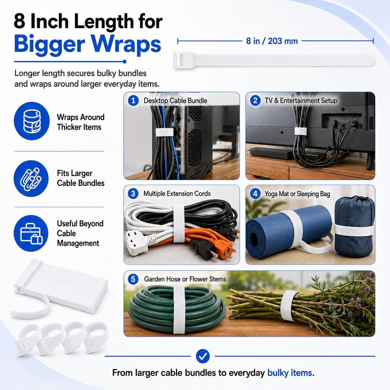 80pcs 8 Inch Cable Ties Reusable White Hook and Loop Cord Ties for Cable Management Adjustable Cord Organizer Straps for Electronics