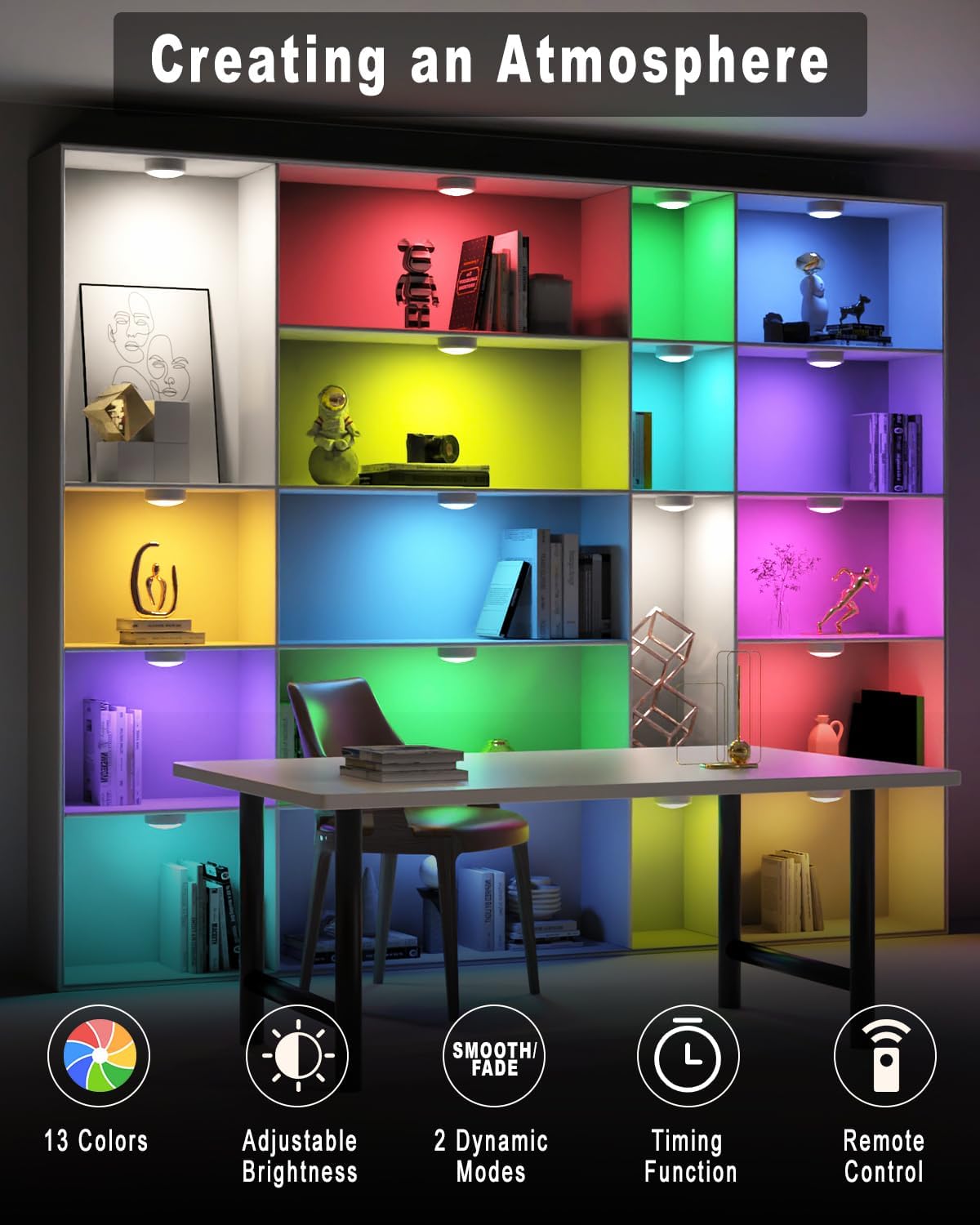 HELPLEX LED Puck Lights with Remote, 6 Pack Color Changing RGBW Stick-On Light, Battery Powered, Dimmable Under Cabinet Lighting with Timer & Memory, Wireless Push Lights for Kitchen & Closet