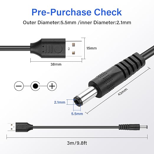 SinLoon USB to DC 5.5x2.1mm Power Cord 5V3A 10FT, Pure Copper Core Stable 5V - Image 2