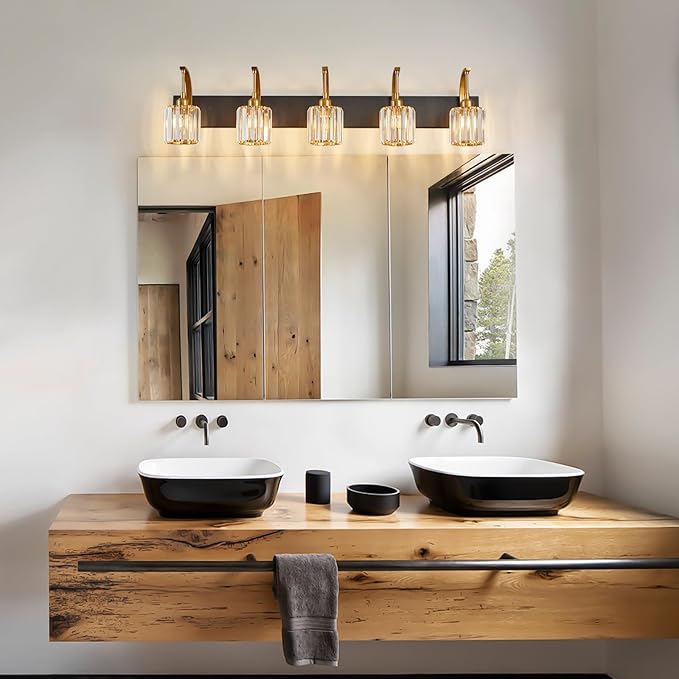 FDPBY 5-Light Crystal Vanity Light, Modern Black Gold Bathroom Wall Sconce - Image 7