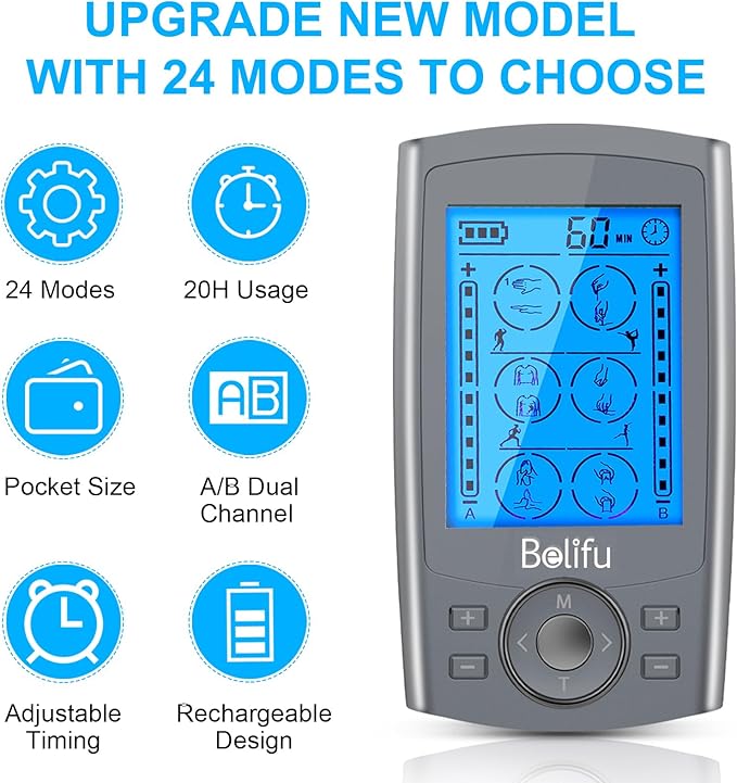 Belifu Dual Channel TENS EMS Unit 24 Modes Muscle Stimulator - Image 3