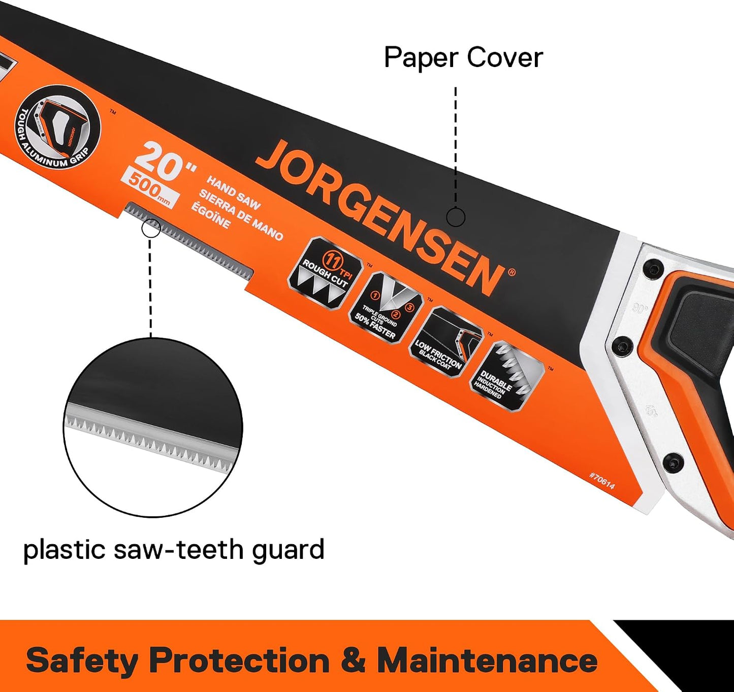 JORGENSEN 20-Inch Hand Saw, 11 TPI Coarse Blade for Wood Cutting | Black-Coated Blade with Ergonomic Non-Slip Aluminum Handle for Sawing, Trimming, Gardening, Pruning, and PVC Cutting