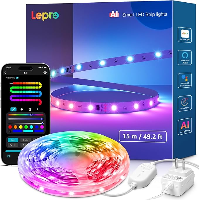 Lepro S1 AI LED Strip Lights for Bedroom - 50ft Smart RGB Light Strips by Lepro