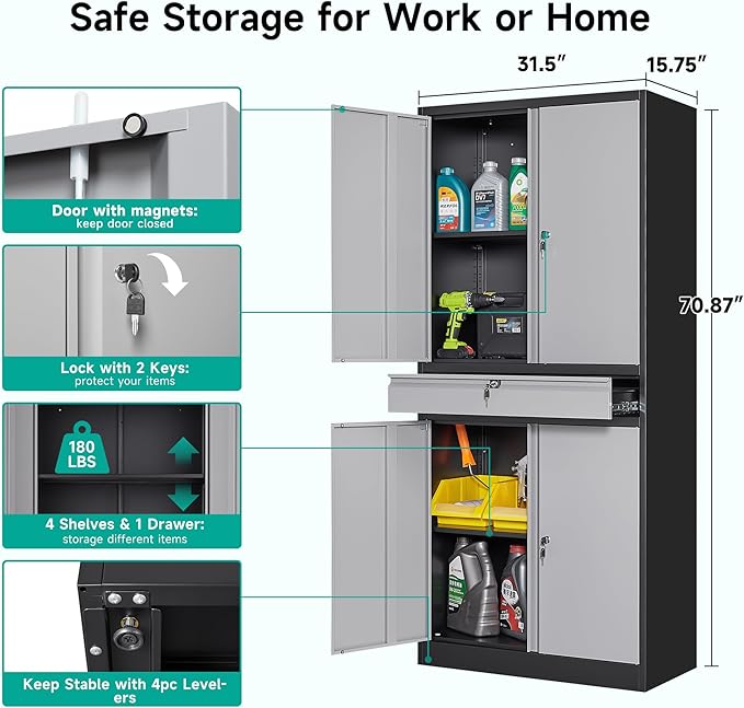 Metal Storage Cabinet with Doors and Shelves, Garage Storage Cabinets with Lock - Image 2