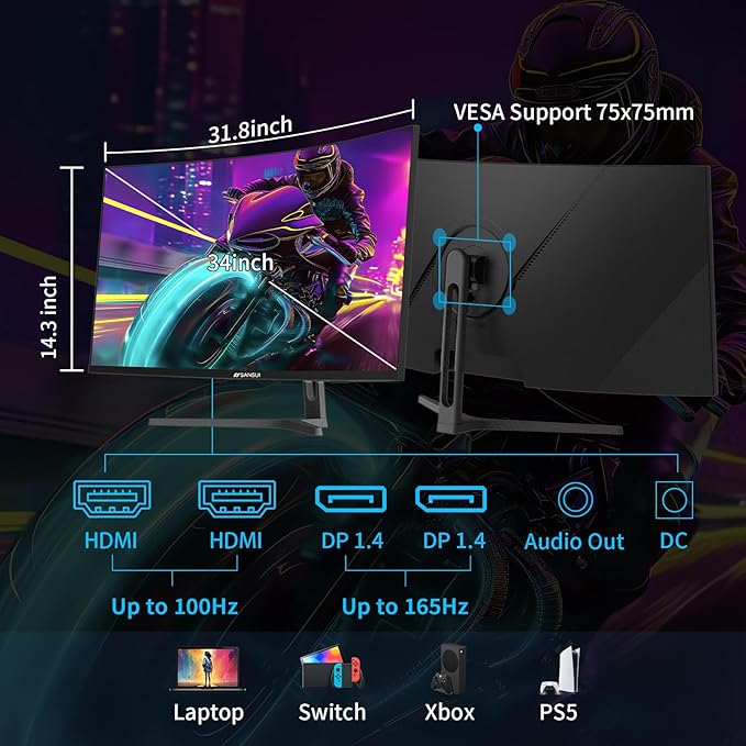 SANSUI 34-Inch Curved Gaming Monitor UWQHD 3440 x 1440 Up to 165Hz Curved 1500R - Image 3
