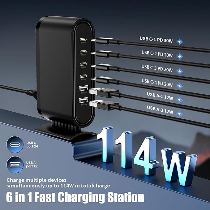 USB C Charger Block Fast Charging Station, 6-in-1 Desktop Charger Adapter - Image 2