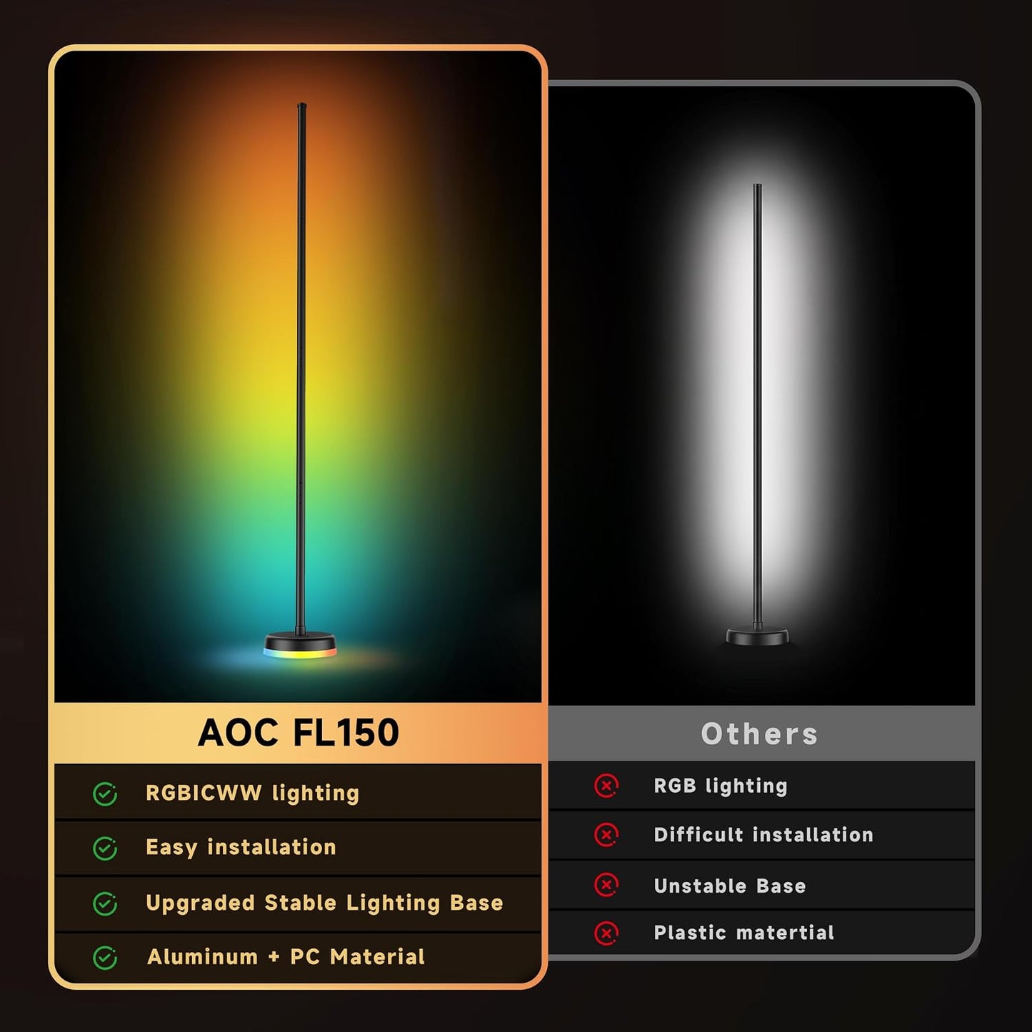 AOC Corner Floor Lamp, RGBICWW LED Floor Lamp with Glowing Base, Music Sync | App & Remote Control, 160 Million Colors, 68+ Scenes Color Changing, Ambient Lighting for Bedroom Living Room Home Office