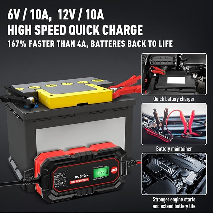 Sailnovo 10A Car Battery Charger, 6V and 12V Car Trickle Charger, 10-Stages - Image 2