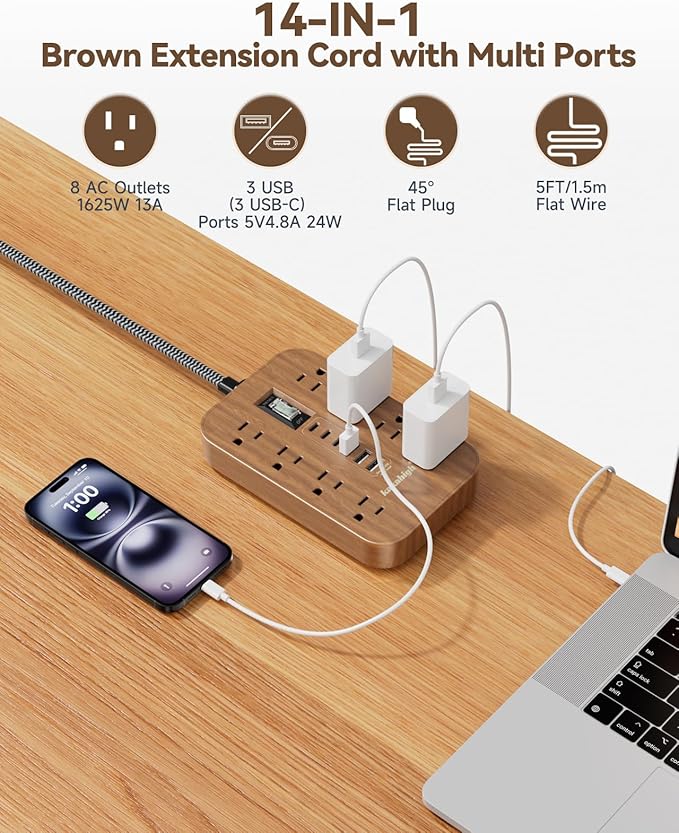 Walnut Power Strip with USB Ports - 5 FT Wood Power Strip - Image 3
