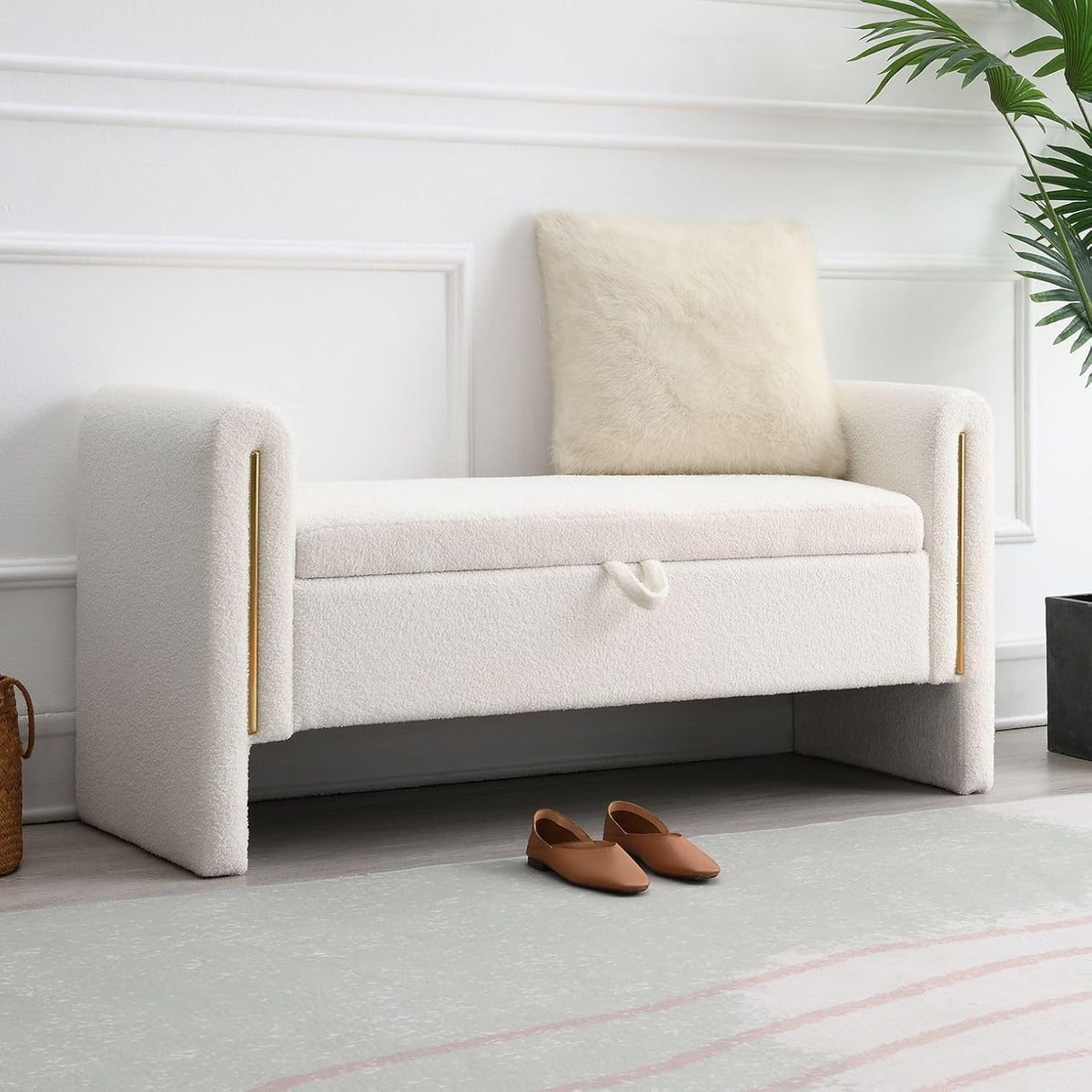 52" upholstered storage bench, white, armrests, wood frame, main product view