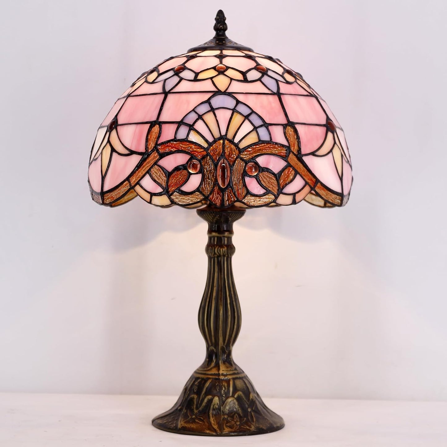 WERFACTORY Tiffany Lamp Bedside Pink Stained Glass Table Lamp 18 Inch Tall | 12X12X18 Inch Pink Baroque Style Lavender Reading Desk Light Decor Bedroom Living Room Home Office S003P Series