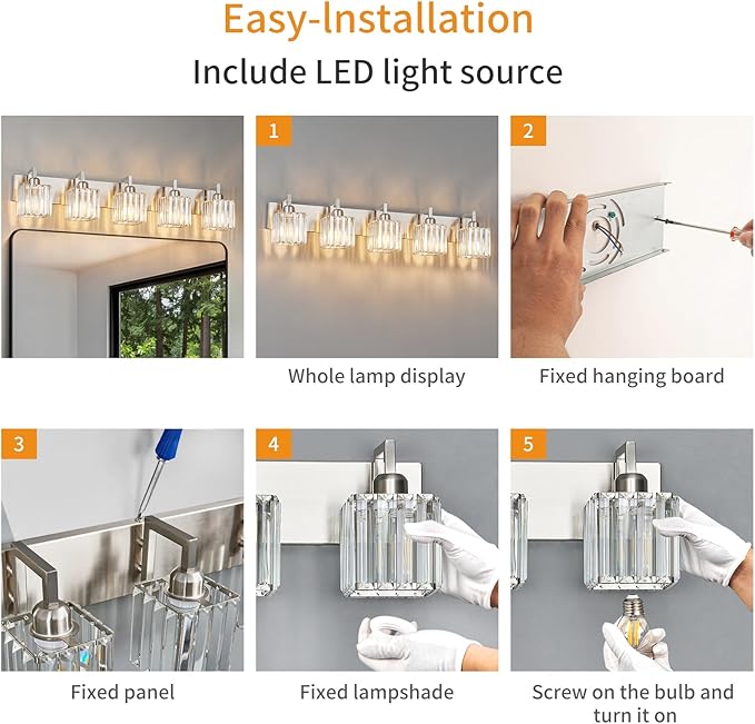 FDPBY Modern Bathroom Vanity Light 5-Lights Brushed Nickel Vanity Light Crystal - Image 7