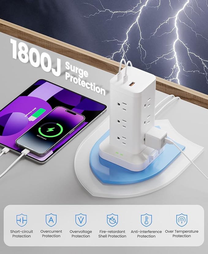 Power Strip Tower with Surge Protector 1800J, Fast Charging Tower PD20W USB-C - Image 5