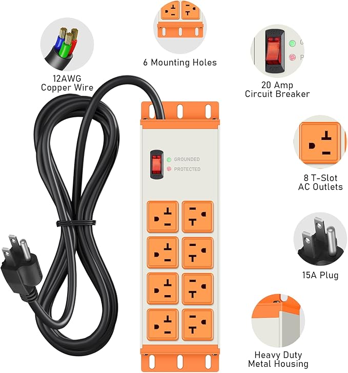 JUNNUJ Heavy Duty 20 Amp Surge Protector 4800J, Garage Metal 8 Outlets 12 Gauge - Image 2