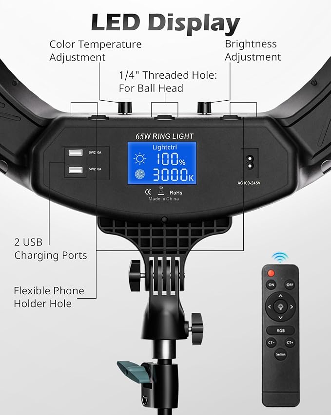 UBeesize 22'' Ring Light with 72'' Stand, 65W Large Ring Light with Phone Holder - Image 4