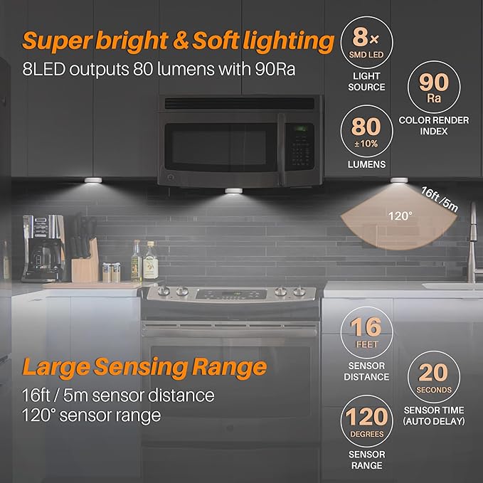 STAR-SPANGLED 3 Pack 3.1” Motion Sensor Lights Indoor AA Battery Operated - Image 3