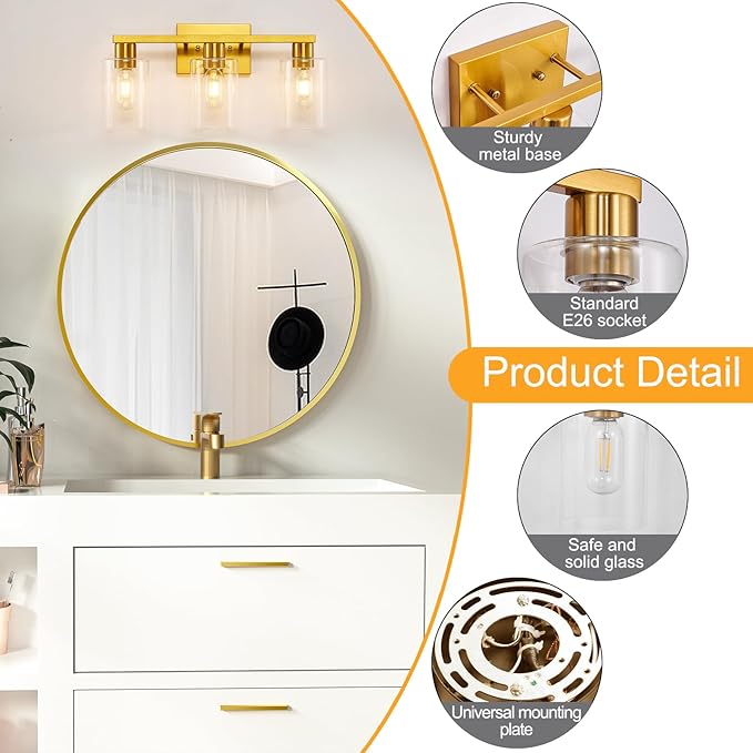 SOPEAS Gold 3-Light Bathroom Vanity Light, Modern Brushed Gold Vanity Lights - Image 2