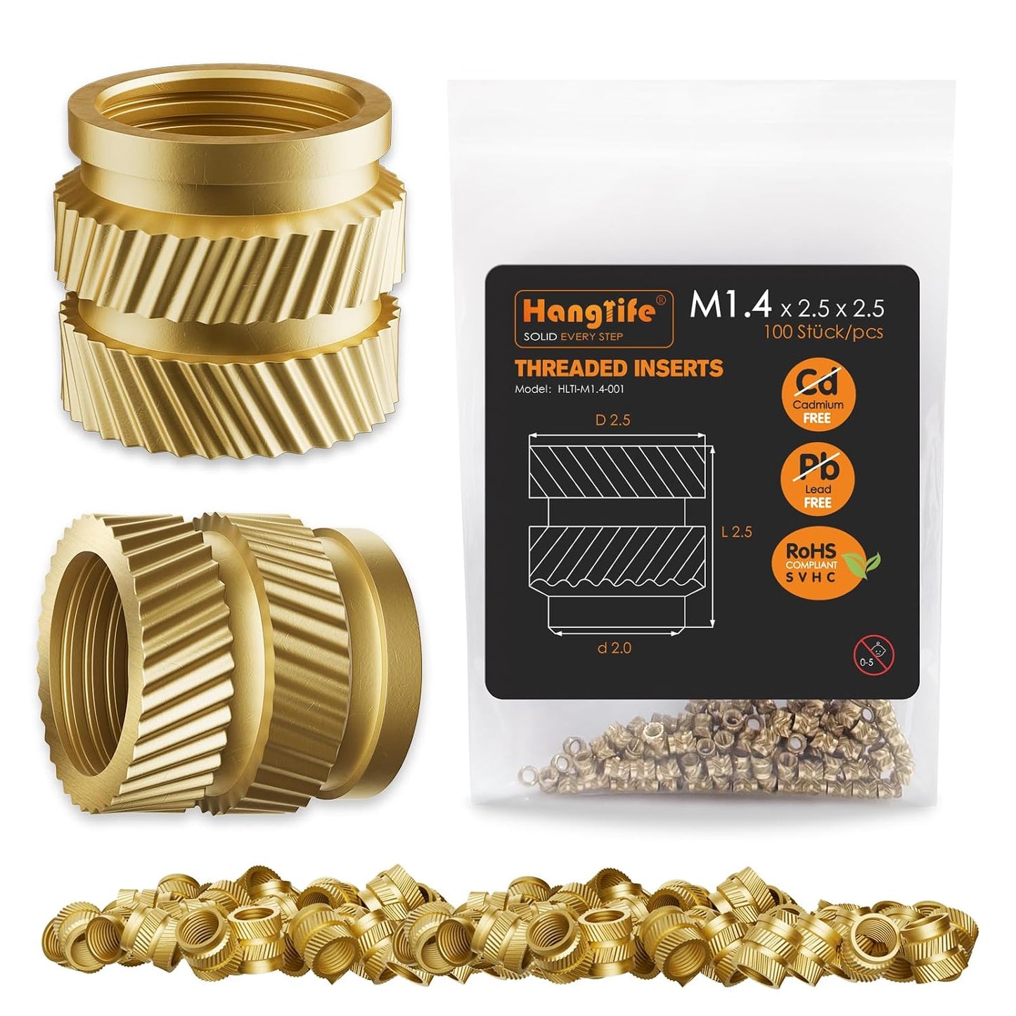 HANGLIFE Heat-Set Threaded Inserts, M1.4 Heat Set Insert for 3D Printing Components and Plastic Parts - Brass Metric Knurled Nuts (100 Pieces)