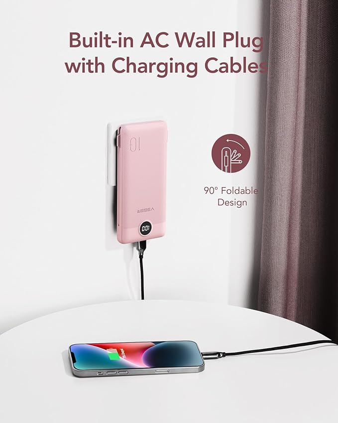 VEGER Portable Charger with Built-in AC Plug and Cables, All in One 10000mAh - Image 3