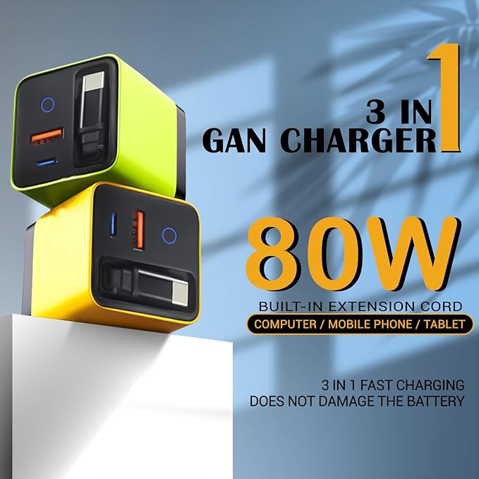 80W GaN Fast Charger with Retractable USB-C Cable 3-in-1 Wall Charger Block - Image 2