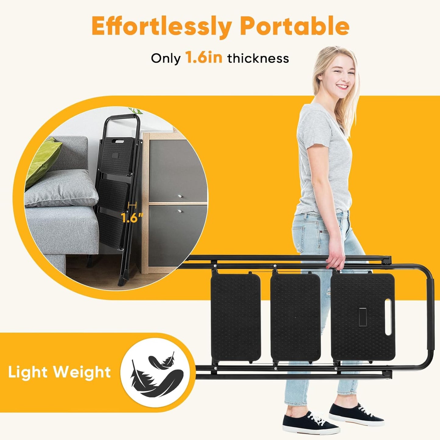 NEWBULIG 3 Step Ladder, Foldable Step Stool with Safety Lock | Lightweight Portable Steel Stool with Anti-Slip Rubber Feet ,for Home Office Garage, Black