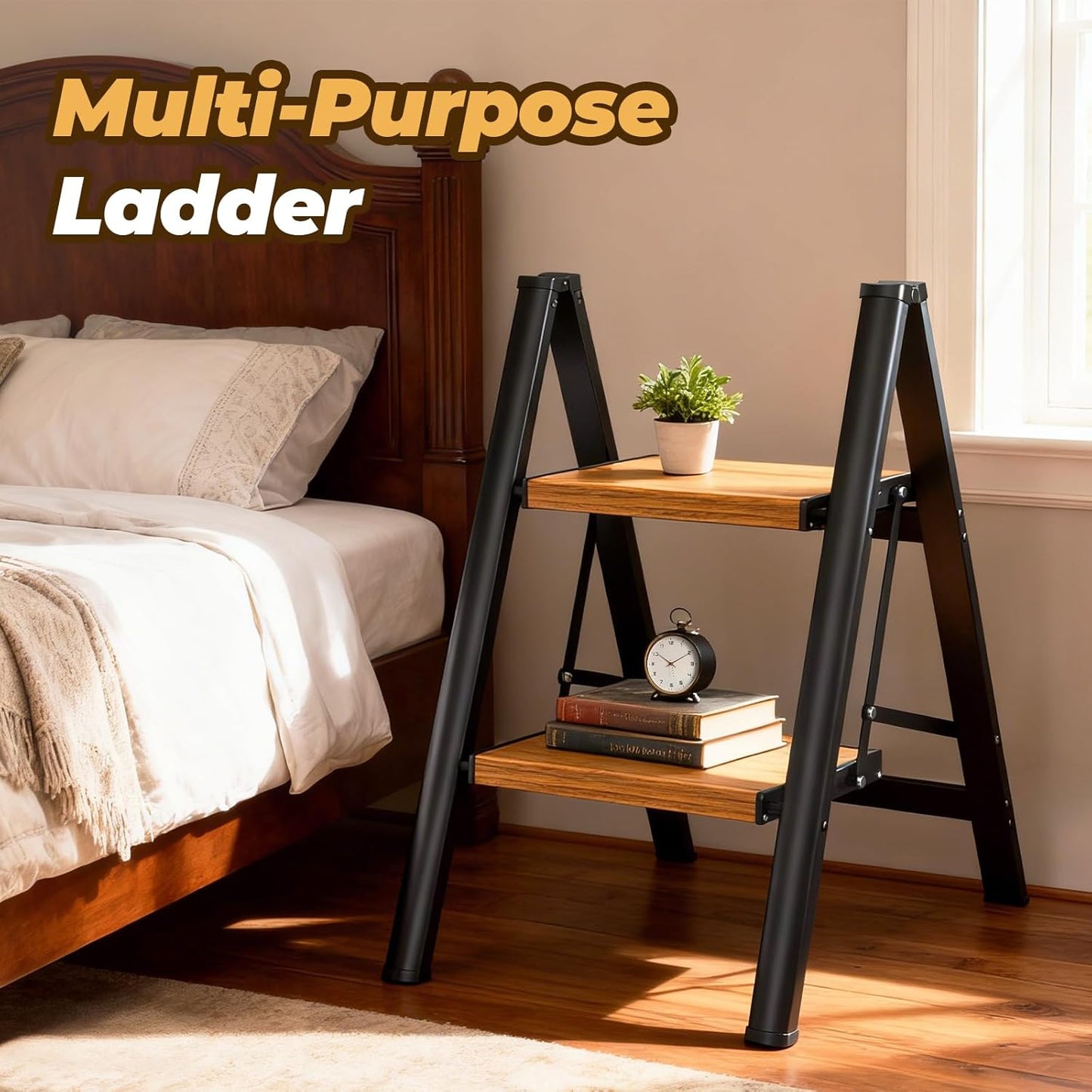 HBTower Step Ladder, Lightweight Aluminum Folding Step Stool | Anti-Slip Wide Pedal, 330lbs Capacity Step Ladder for Household Kitchen Office, BlackWoodgrain