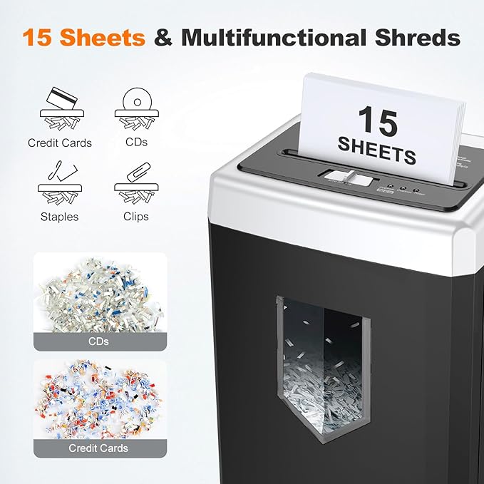 Bonsaii 15-Sheet Office Paper Shredder, 40-Minute Home Office Heavy Duty - Image 2
