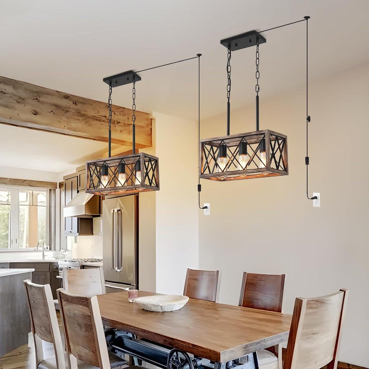 KEESFU Farmhouse Plug in Kitchen Lighting Fixtures Ceiling, 3 Lights Kitchen Pendant Light with 14.7ft Cord, Rustic Dining Room Light for Living Room Foyer Dining Table Over Sink. (Wood Grain Color)