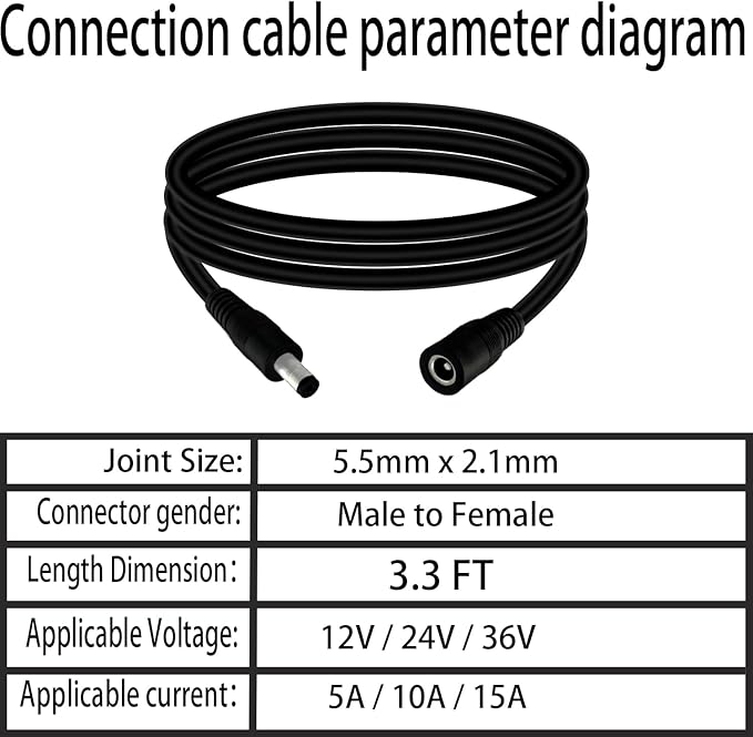 5.5mm x 2.1mm 3.3FT DC Power Extension Cable Male to Female 12V/24V 14AWG DC - Image 6