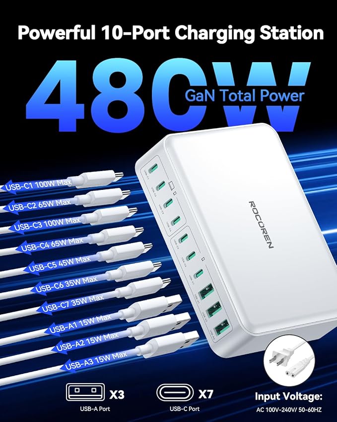 480W USB C Charger Block, Rocoren 10-Ports USB C Charging Station - Image 2