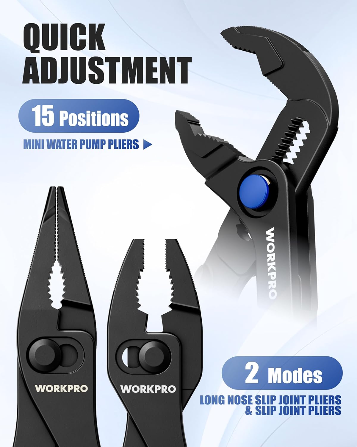 WORKPRO 3-Piece Mini Pliers Set with Pouch, Pocket Pliers, EDC Tool Gift | 4-Inch Slip Joint Pliers, 4-Inch Water Pump Pliers, 4.5-Inch Long Nose Slip Joint Pliers, Alloy Steel, Anti-Rust Coating