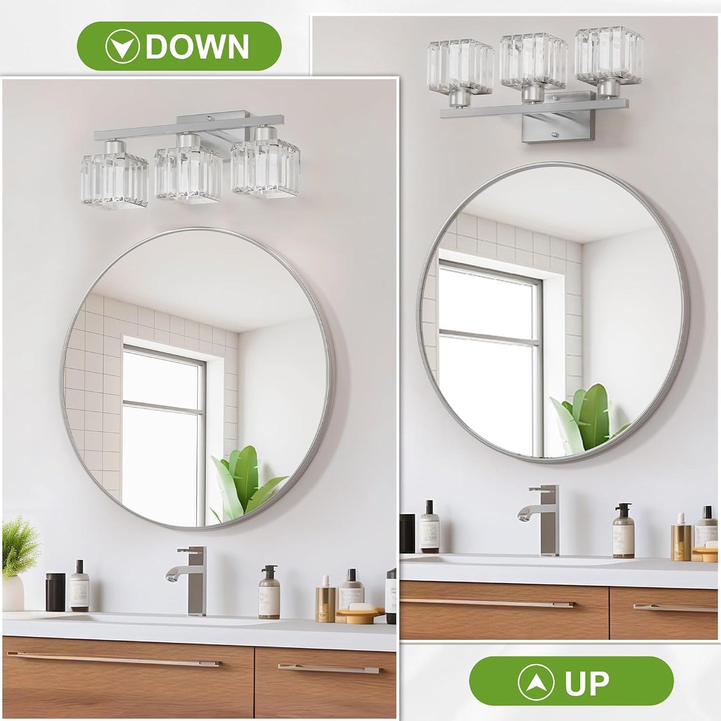 comzler 3-Light Bathroom Light Fixtures Over Mirror, Brushed Nickel Crystal Wall Sconce with E26 Base for Mirror Kitchen Living Room Bathroom, Square Crystal Shades (Bulbs Excluded) | Wall Sconce with E26 Base for Mirror Kitchen Living Room Bathroom