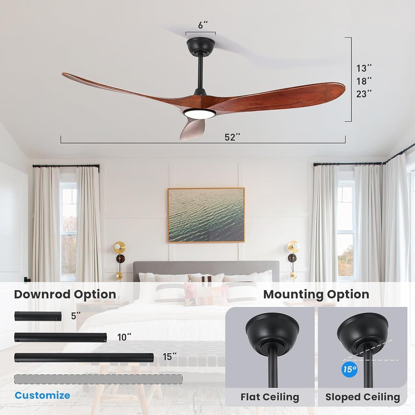 heimo 72 Inch Ceiling Fan with Light and Remote Control, Wood Outdoor Ceiling Fans with Lights Dimmable for Bedroom Living Room Patios Proch Office Rustic Extra Large High Cfm Exterior Fan(Walnut)
