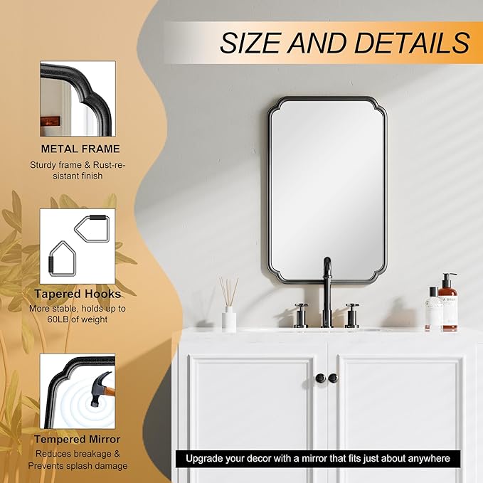 22x34 Inch Black Bathroom Mirror, Metal Framed Wall Mirror - Image 6
